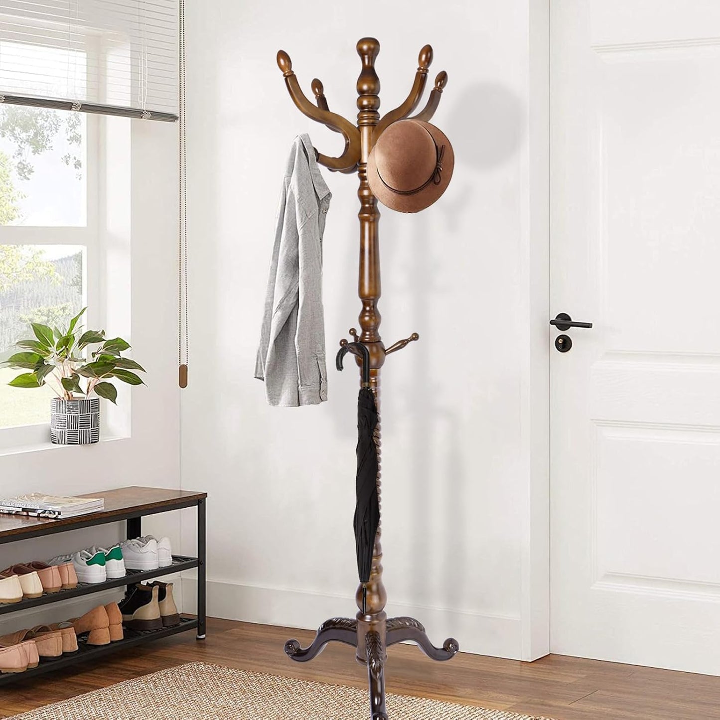 Wooden Coat Rack Freestanding, Vintage Coat Racks with Sturdy Round Base, Adjustable Height 37.40"-72.83" Entrance Coat Rack for Bedroom Living Room Entryway (Vintage Triangle)