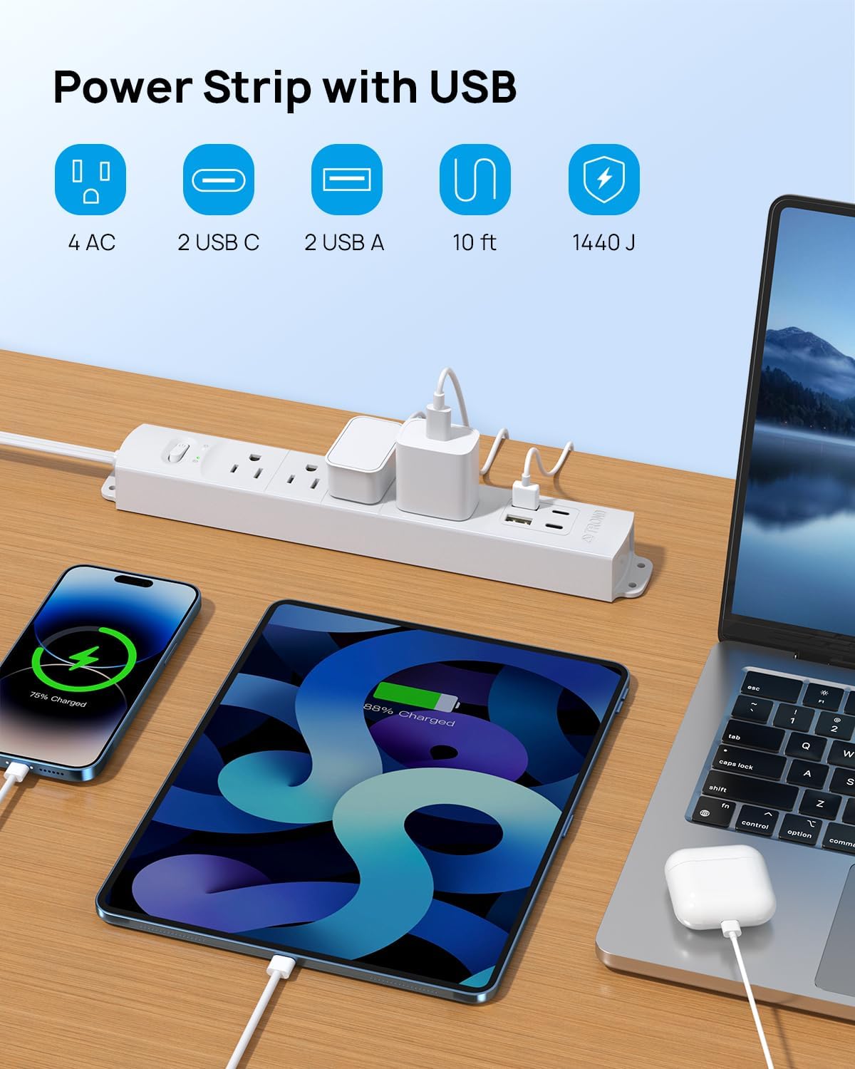 TROND Flat Plug Power Strip USB-10ft Flat Extension Cord Surge Protector Wall Mount, 2 USB C & 2 USB A Ports with Multiple Outlets, 1440J, 1625W for Office Supplies Dorm Room Essentials, White