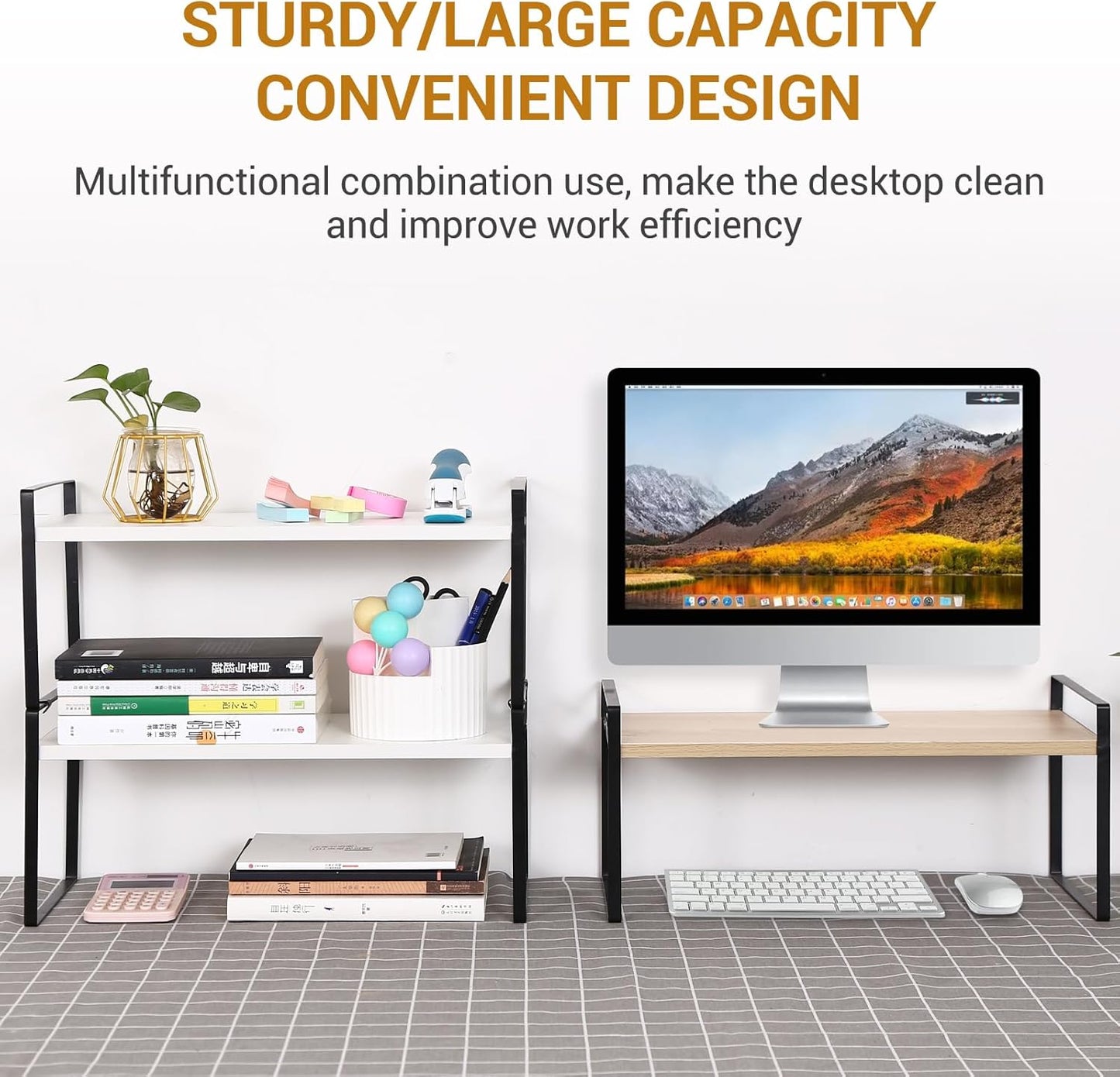 YGYQZ Wood Office Desk Shelf Organizer - Desktop Supplies Cute Dresser Top Organization Storage Rack and Cubicle Decor Aesthetic Bookshelf for Women Man and Kids (Black Wood-Single Tier)