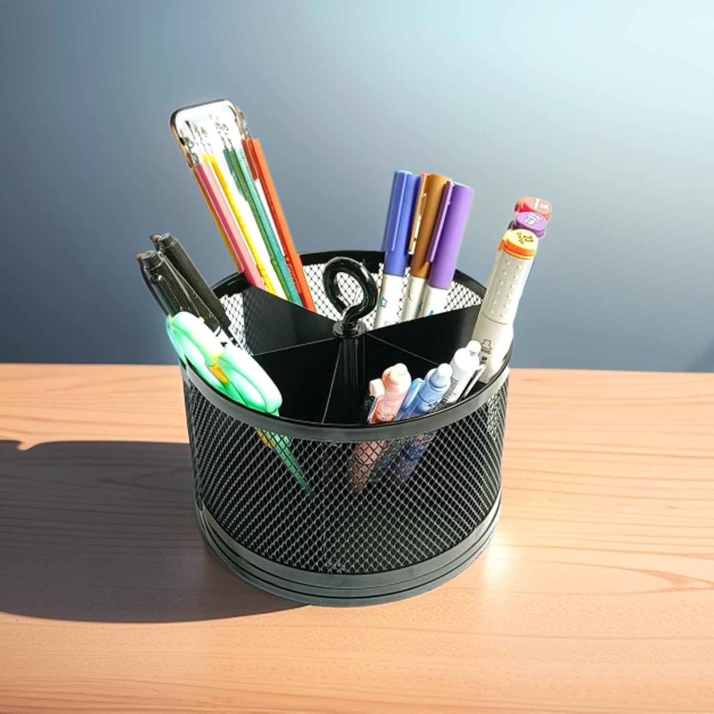 SETTFRFE Rotating Pen Holder for Desk,Supplies Organizer pencil Caddy,6 Compartments Desk Organizer,Black (Metal Mesh Style)