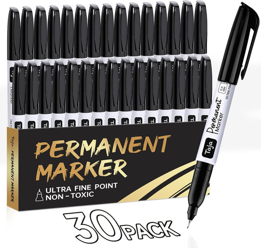 Permanent Markers Ultra Fine Tip, 30 Pack Black Quick-Drying and Fade-Resistant Permanent Markers Bulk Set for Writing and Drawing on Wood, Plastic, Metal, Glass, Ideal for Office School Supplies