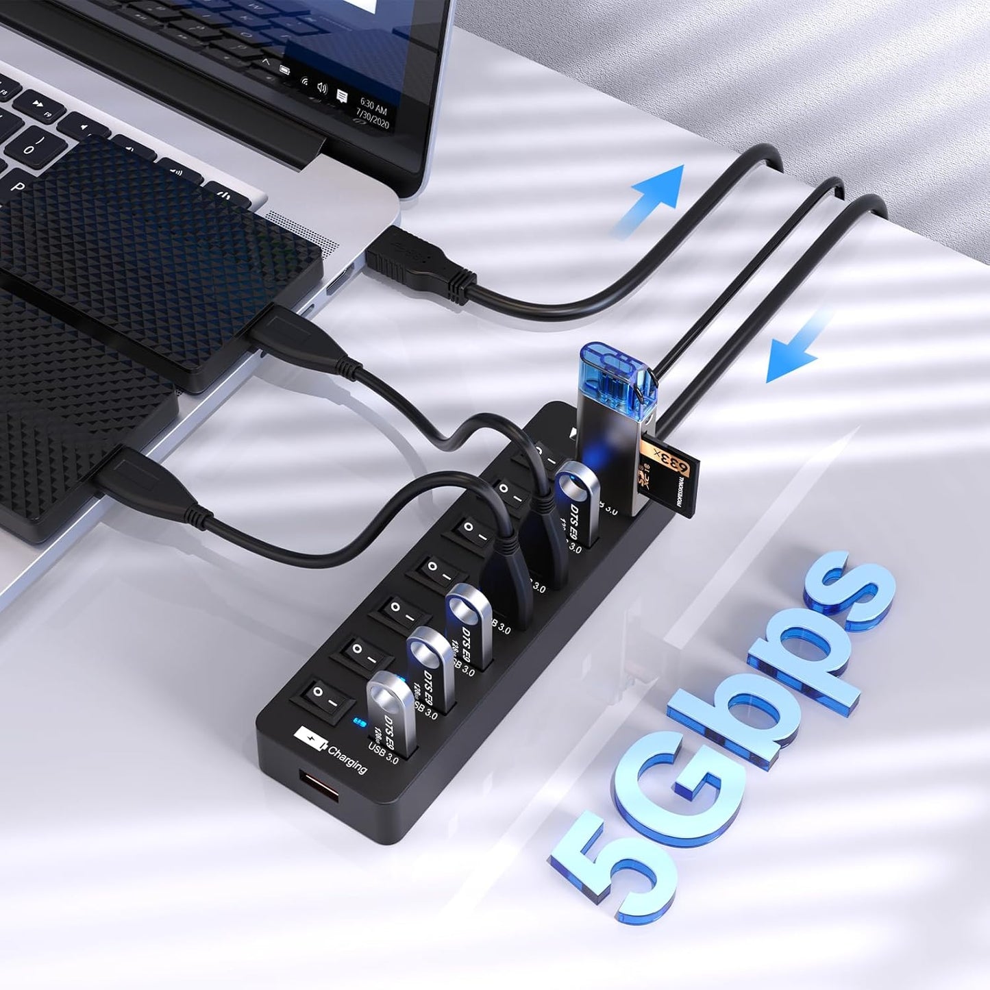 Powered USB Hub 3.0,VEMONT 7 Ports Multi USB hubs and 1 USB Smart Charging Port with 5V/3A Power Supply,USB Extension Splitter with Individual On/Off Switches and 4ft/1.2m Long Cable for PC/Laptop