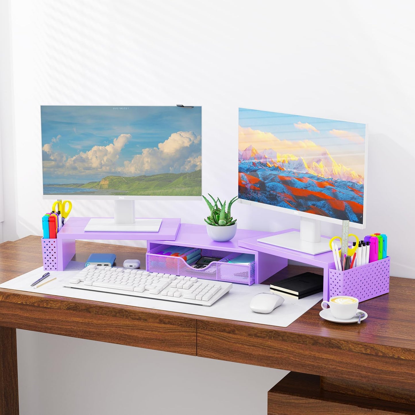 Spacrea Metal Desk Organizers and Accessories, Dual Monitor Stand Riser with Drawer and 2 Pen Holders, Desk Accessories & Workspace Desktop Organizers for Office Supplies (Purple)