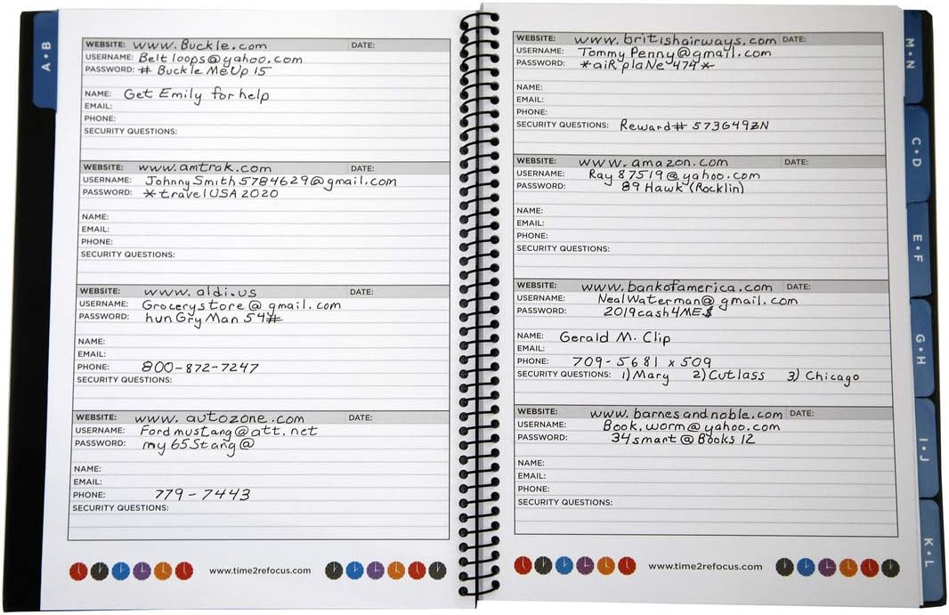 RE-FOCUS Password Book with Alphabetical Tabs 10"x7.5" Spiral Bound Credentials keeper Saves All Internet Login Details (Blue)