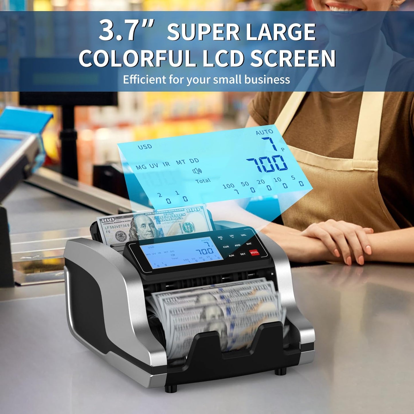 PONNOR Money Counter Machine with Value Count, UV/MG/IR/MT/DD Counterfeit Bill Detection, Dollar Euro Cash Counter with Count/Add/Batch/Auto Modes, External LCD Display