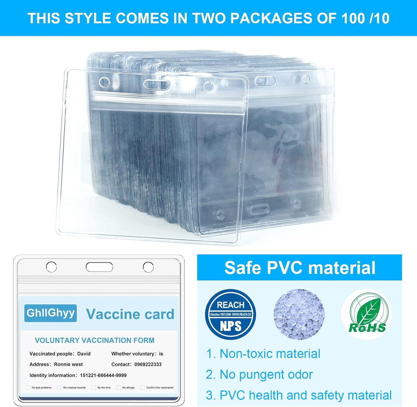 100PCS Thick Horizontal ID Cards Holder 4.52x4.13 Inchs Vaccination Card Holder Protector Clear PVC Sleeve Business Card Badge Holder with Waterproof Type Resealable Zip
