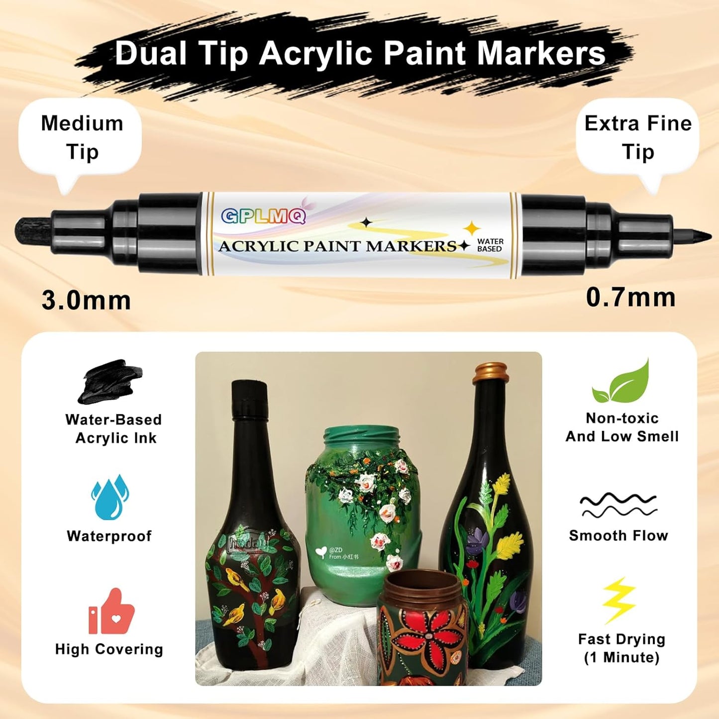 Paint Markers Paint Pens - 2 Pack Dual Tip Acrylic Permanent Marker (0.7mm & 3mm), Non-Toxic, Water-Based for Art Painting, Stone, Ceramic, Glass, Wood, Fabric, Metal, DIY Crafts (Black/White)