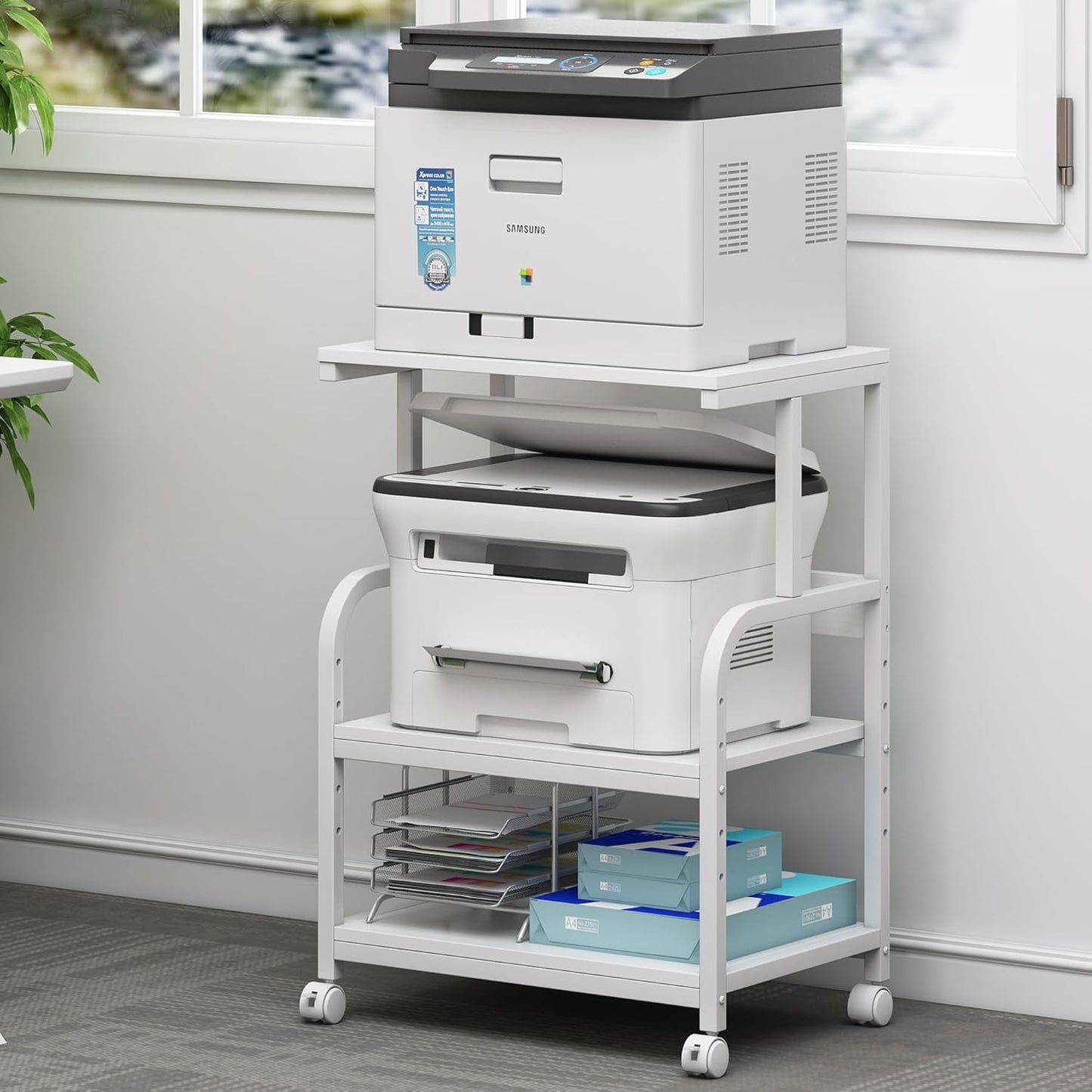 White Printer Stand with Storage, 3 Tier Printer Table with Height Adjustable Shelf, Rolling Printer Cart with Wheels for Home Office Organization