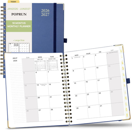 POPRUN Monthly Planner 2026-2027 Spiral Hardcover (8'' x 10''), 18 Months Calendar (Jan.2026-Jun.2027) - 2 Pages per Month with Dotted Note Pages, Sunday Start, Laminated Tab - Navy Blue