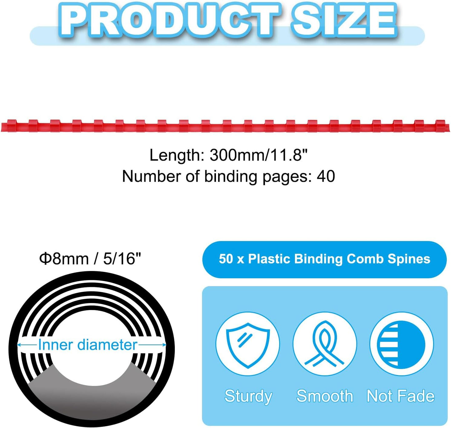 PATIKIL 8mm (5/16") Plastic Binding Combs, 50 Pcs 21 Rings Comb Binding Spines 40 Sheet Capacity Letter Size for Binding Paper Sheets, Red