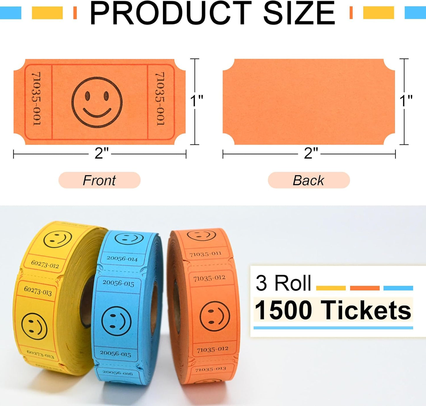 L LIKED 1500 Raffle Tickets Roll, 3 Assorted Colors, 1x2 Inch Smile Ticket for Events, Entry, Class Reward, Parties, Giveaways & Prizes (Yellow, Orange, Blue)