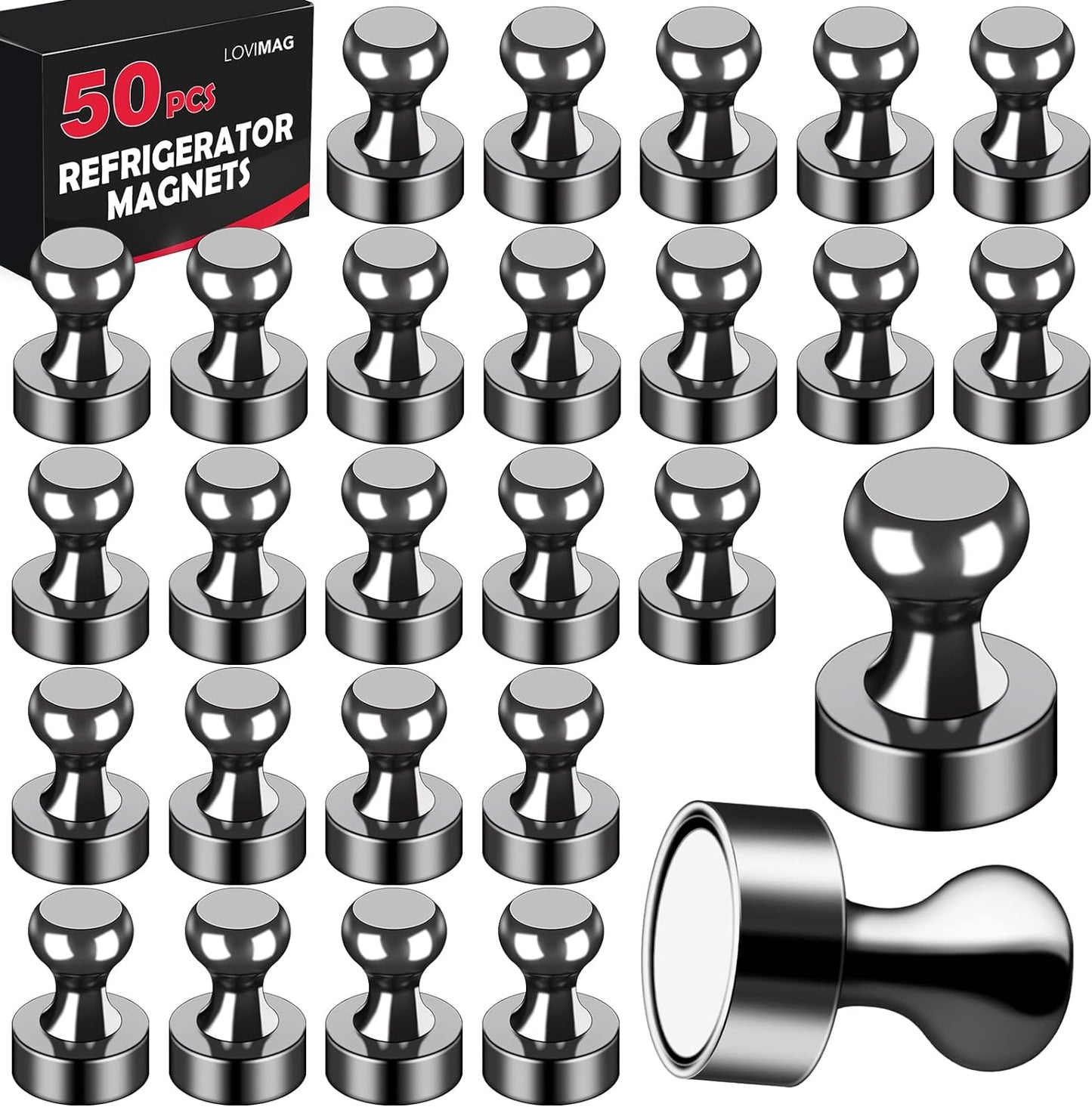 LOVIMAG 50Pcs Fridge Magnets, Black Refrigerator Magnets for Whiteboard, Strong Metal Magnets for Fridge, Whiteboard, Office, Classroom, Map, Kitchen,Magnetic Push Pins, Thumb Tacks Magnets