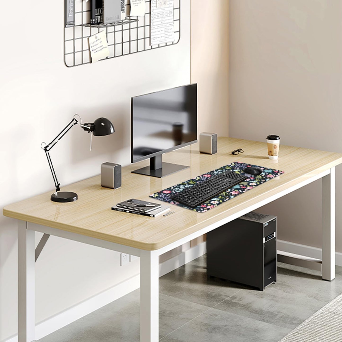 Maple Leaf and Flowers Desk Pad Mouse Pad,Large Floral Mouse Mat with Stitched Edges,Non-Slip Rubber Base Elegant Mousepad for Office PC Keyboard Laptop and Home Work Desk Mat(27.5X11.8 in)