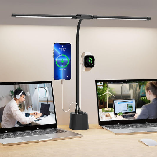 Desk Lamp with Dual Head & 10W Smart Dual USB Charging Port 5 Color Modes Dimmable Reading Light 2600 Lumens 12W Table Lamp for Bedside Office, Adapter Include