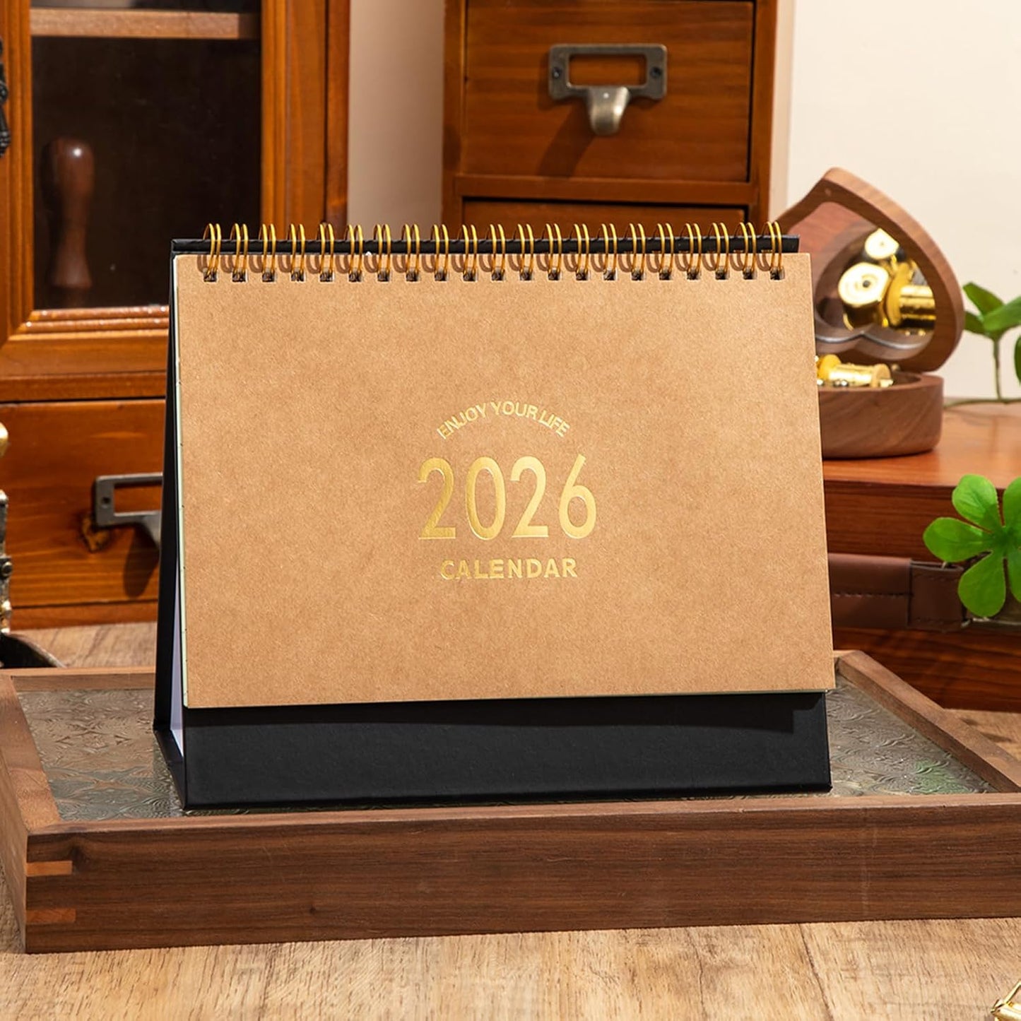 Small Desk Calendar 2025-2026, Standing Flip Desktop Calendar from July 2025 to Dec 2026 - Metal Ring Twin-Wire Binding Monthly Desktop Calendar for Home Office School (kraft paper color)