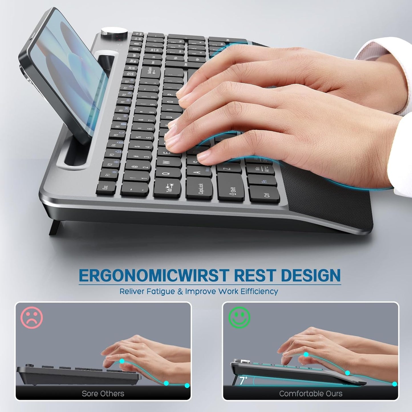 JOYACCESS Ergonomic Wireless Keyboard with Wrist Rest, Low-Profile,Phone Holder,2.4GHz Full Size Silent Cordless USB Computer Keyboard for Windows, Mac OS Desktop/Laptop/PC-Black Grey