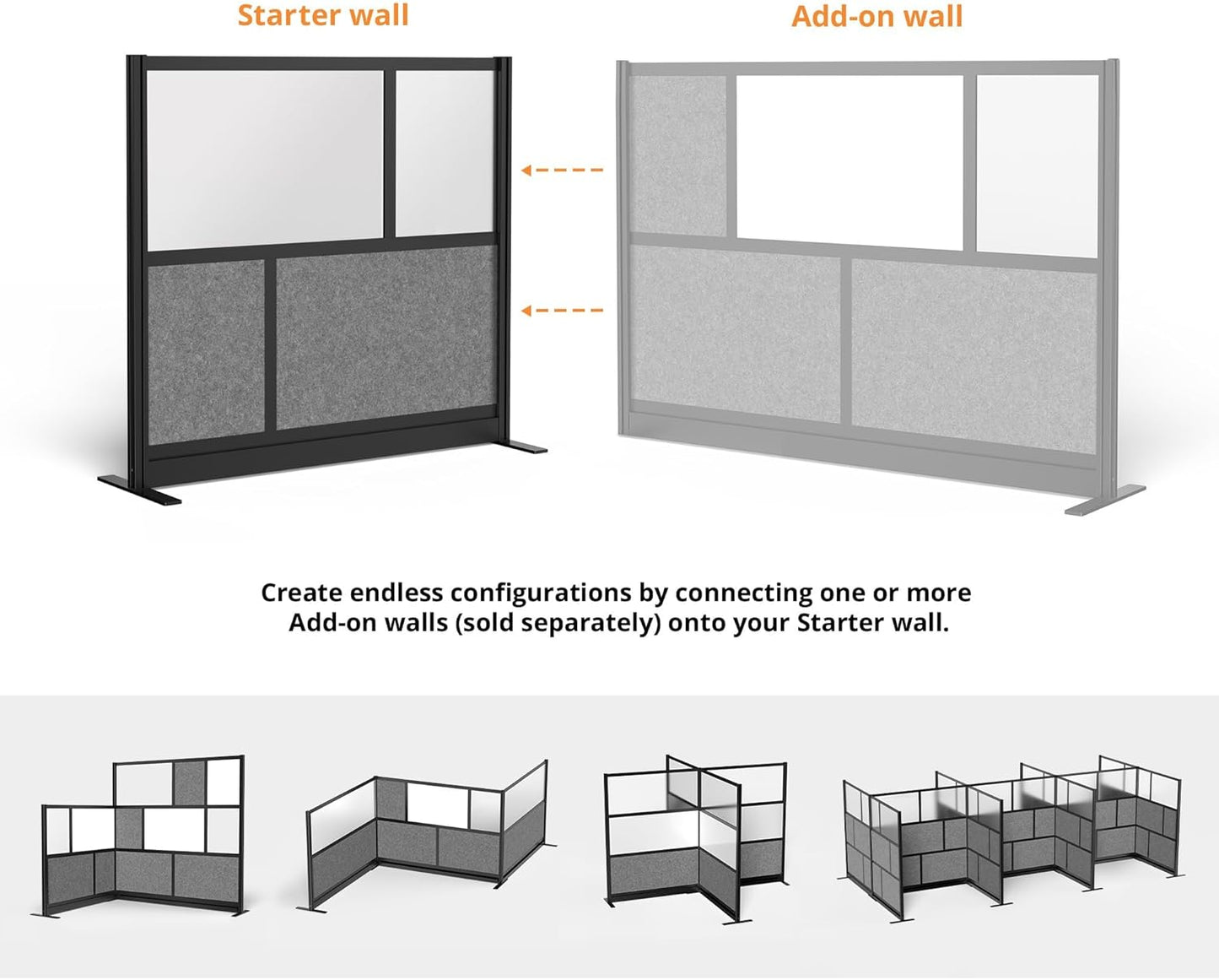 Stand Up Desk Store Expanse Modular Wall | 53'' x 48'' Wall | Expandable Partition Room Divider with Rearrangeable Frosted Acrylic & Sound Absorbent Panels (Black Frame)