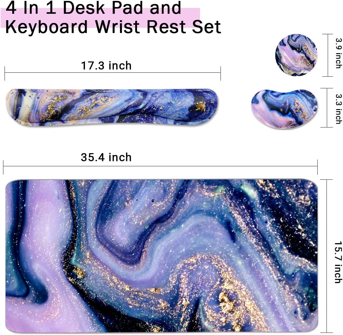 Keyboard Mouse Pad Set, Extended Mouse Pad+Keyboard Wrist Rest Support, Memory Foam Ergonomic Easy Typing, 3Pcs (35.4×15.7 in) Desk Pad Set for Home Office Study Game-Purple Marble