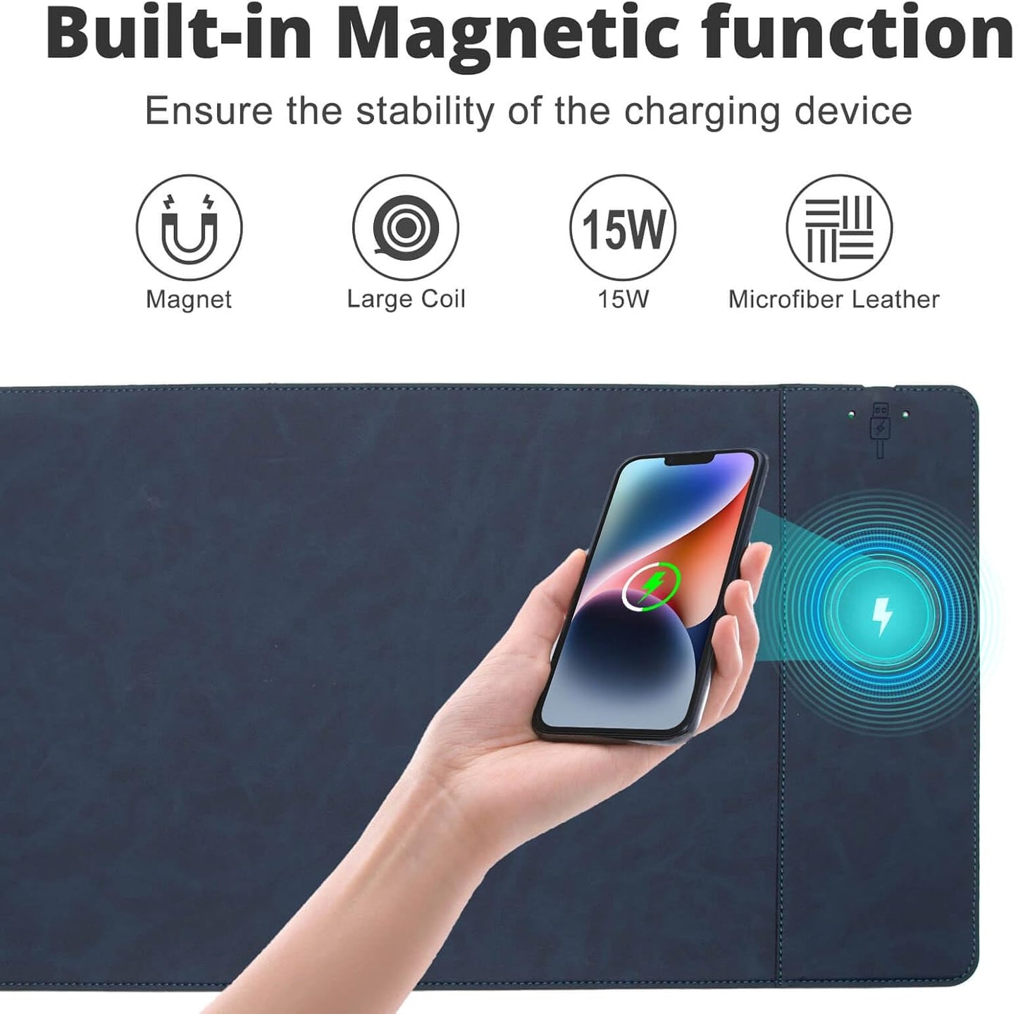Magnetic Wireless Charging Desk Pad, Office Desk Mat with Wireless Charger, Waterproof and Scratch-Resistant Large Mouse Mat, Microfiber Leather Mouse Pad for Office and Home Use, Blue Color