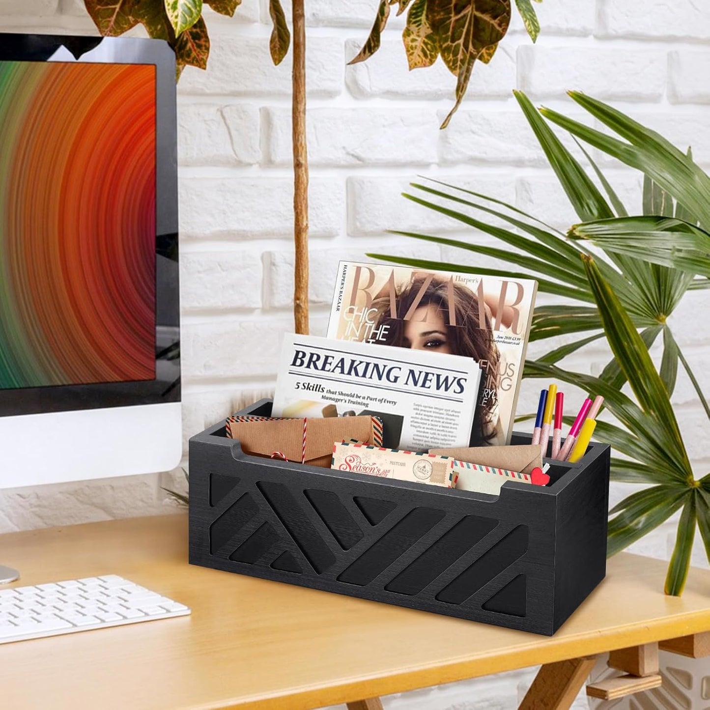 Mail Organizer Mail Holder Countertop with 2 Slots, Wood Mail Basket for Wall Table Desk, Envelope Bill Holder for Home Office Decor (Black-2)