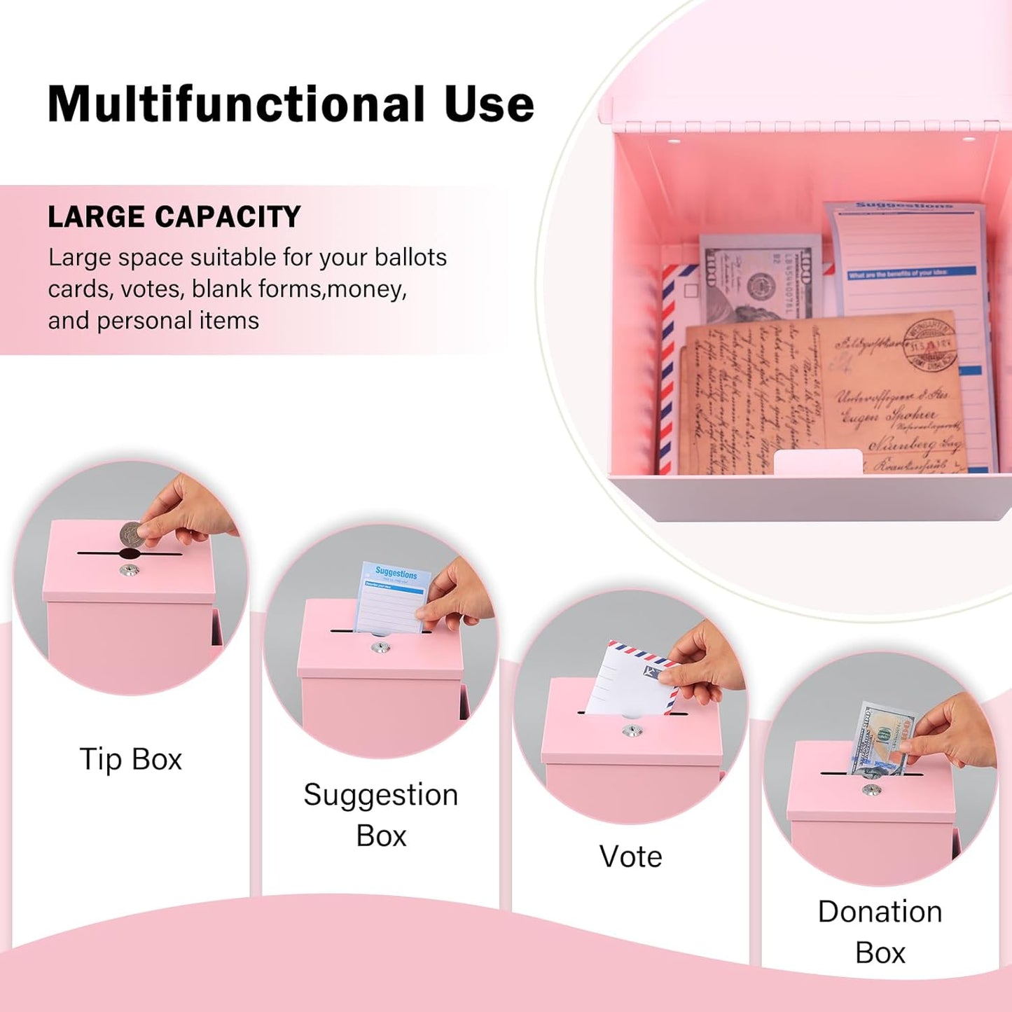 xydled Suggestion Box with Key Lock, Locking Metal Donation Ballot Drop, Comment Prayer Box with Slot for Office, Fundraising, Church, School, Home Use, Pink, 8.7 x 7.1 x 5.9 Inches