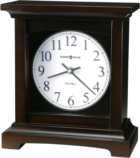Howard Miller Urban II Mantel Clock, White Analog Clock Arabic Numerals Dual-Chime Movement, Top Flat Pediment Black Finish Durable Square Frame, Idle Alarm Clock for Home Decor, Bedroom & Office