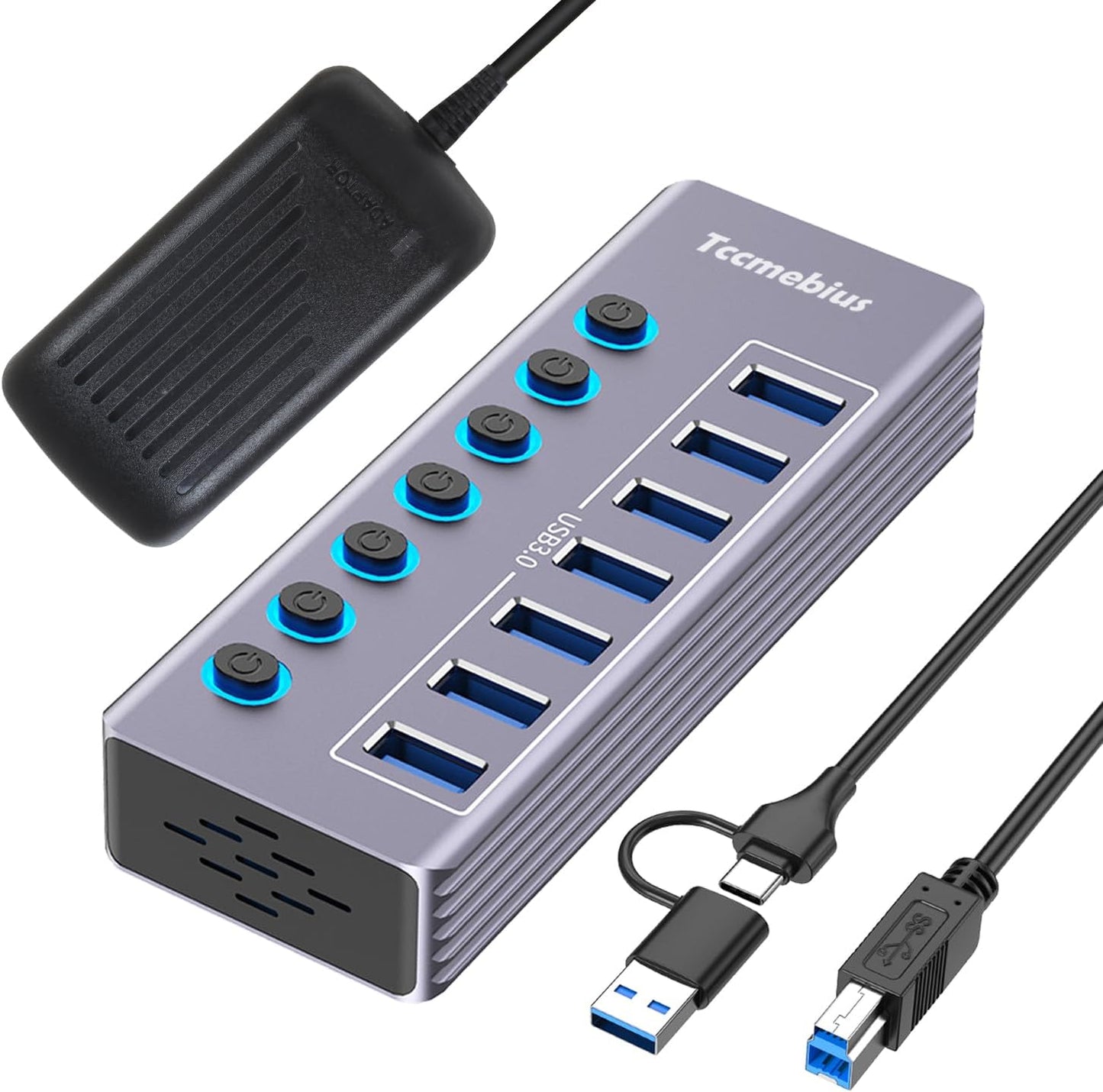 Powered 7-Port USB 3.0 Hub, USB C to 7 Ports USB Data Hub Splitter with Individual LED On/Off Switche, 3.3FT Cable, 12V/3A Power Adapter, for Laptop MacBook Pro/Air PC (Aluminum Gary)