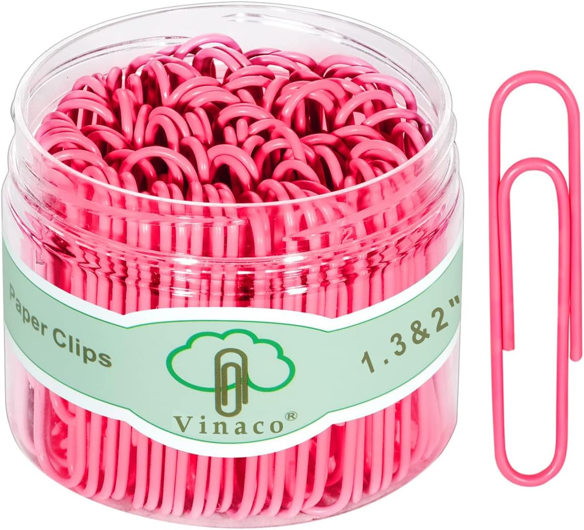 Vinaco Paper Clips Pink, 400PCS Medium and Jumbo Paper Clips (1.3 inch & 2.0 inch), Durable & Rustproof, Coated Paper Clip Great for Office School and Personal Use(Pink)