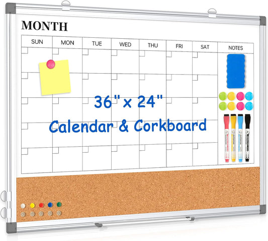 Monthly Calendar Whiteboard Dry Erase Cork Board Combo for Wall, 36" x 24" Magnetic Double-Sided Calendar White Board and Bulletin Board, Portable Board for Office, Kitchen, School, Home