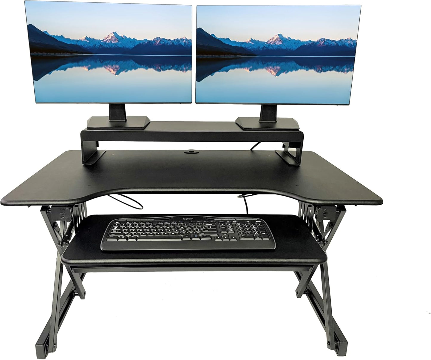 Rocelco 40" Height Adjustable Standing Desk Converter with AC Outlet USB Charger and Dual Monitor Stand - Tabletop Riser Computer Workstation - Sliding Keyboard Tray - Black (R DADRB-40-ACUSB-DMS)