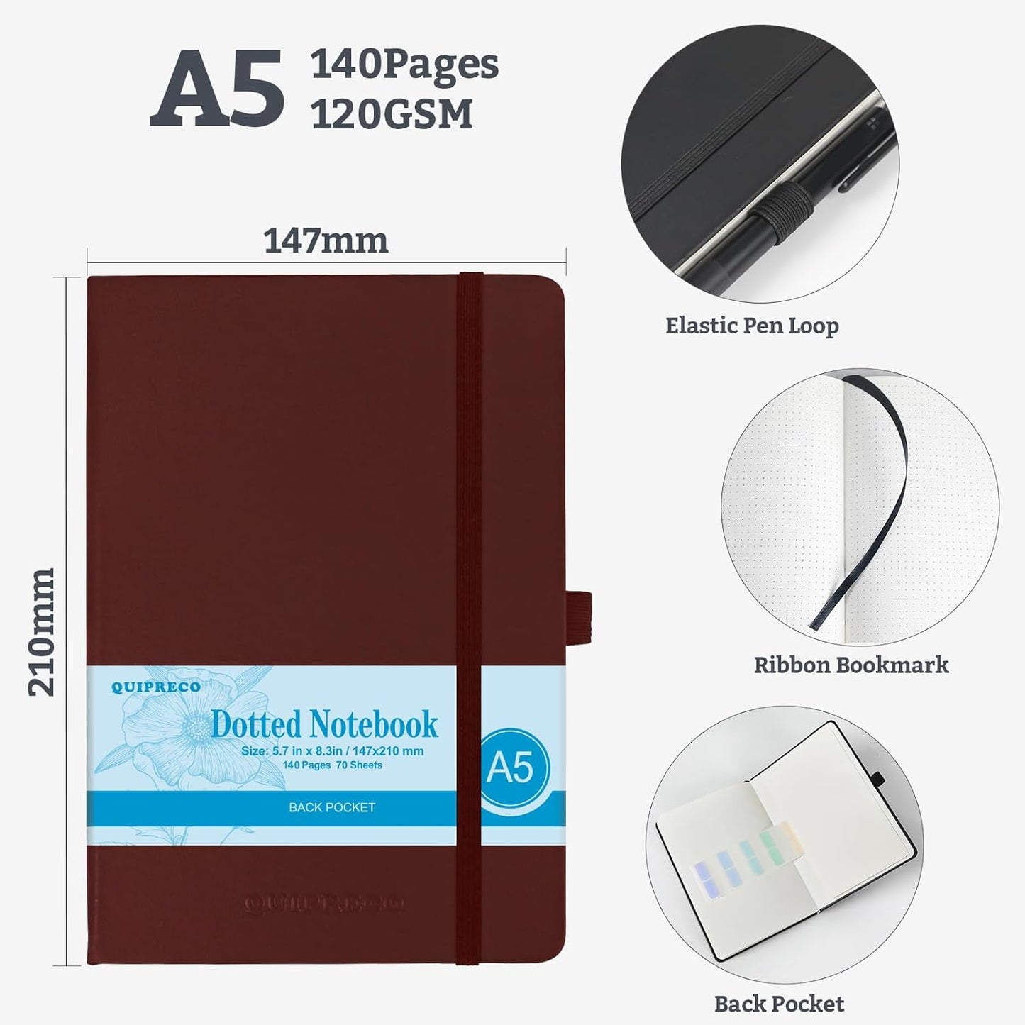 Bullet Dotted Hardcover Journal Notebook, A5 140 Pages 120Gsm Thick Paper for School,Note Taking,Work,Diary，5.7''*8.3'',Burgundy