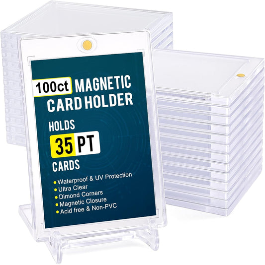 GEAoffice 100pc Magnetic Card Holder for Trading Cards, Hard Plastic 35pt UV Protection Baseball Card Holder with Display Stands for MTG, Sports Cards, Ultra Clear