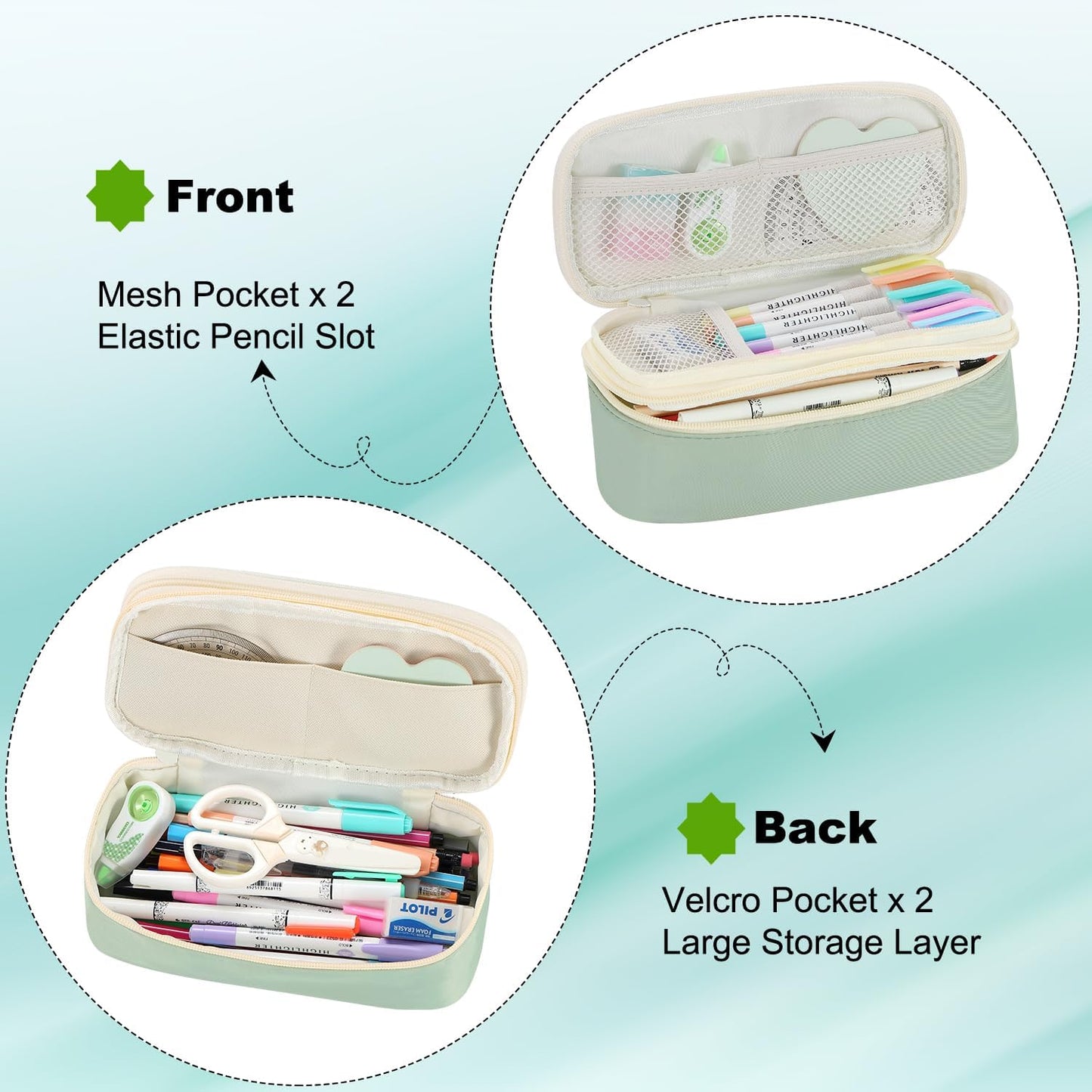 Pencil Case Aesthetic Pencil Bag with Zipper Pencil Pouch Big for Girls Kids Teens Adults Stationery Pencil Case Organizer for School Green