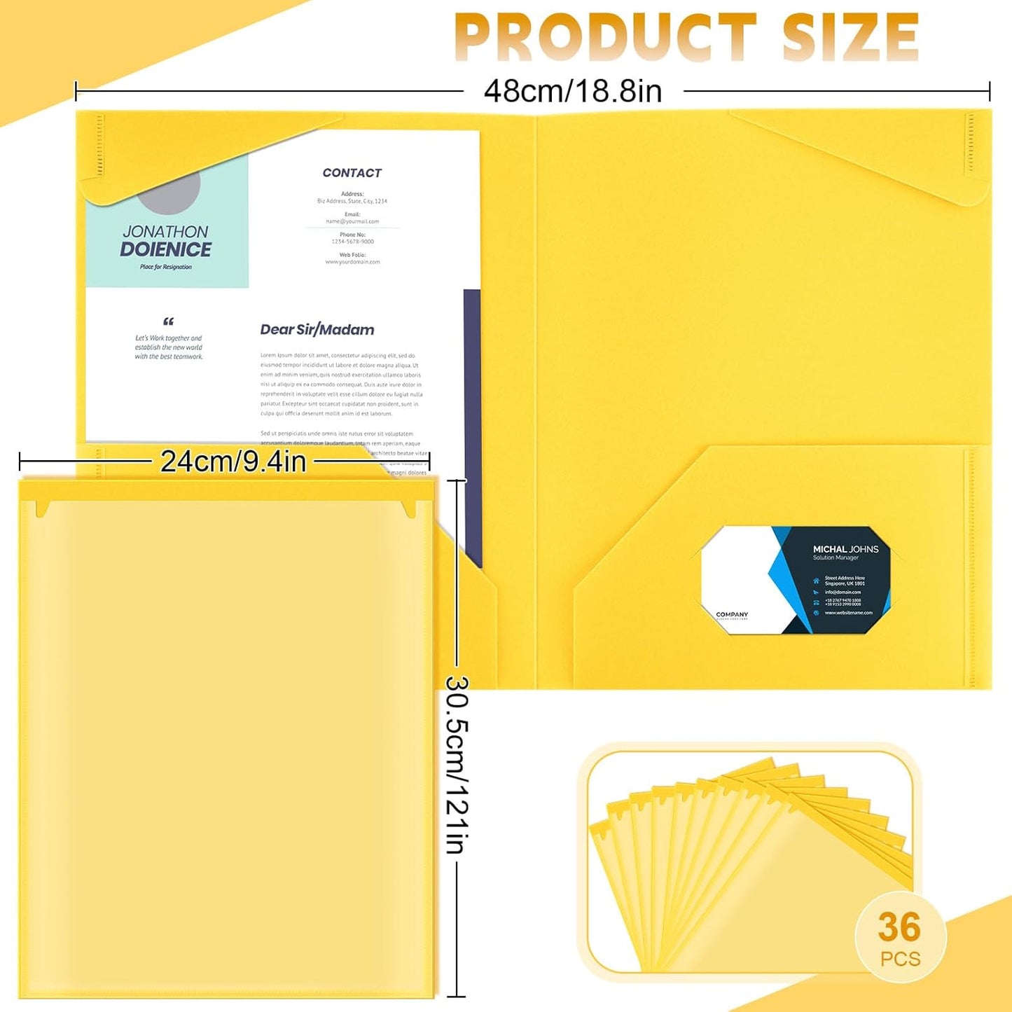 Henoyso 36 Pcs Plastic Folders with Clear Front Pockets Heavy Duty File Folders with 2 Pockets and Card Slot for Student Communication School Office Presentation Report (Yellow)