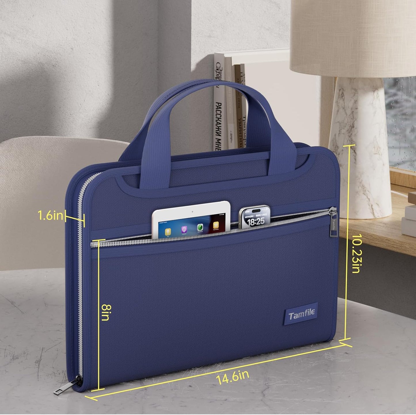 Tamfile Fireproof Accordion File Organizer with Handle, 13 Pocket Expanding File Folder with Zipper & Labels, File Folder with Multi-Pockets Paper Organizer Folder for Letter A4 Files, Blue