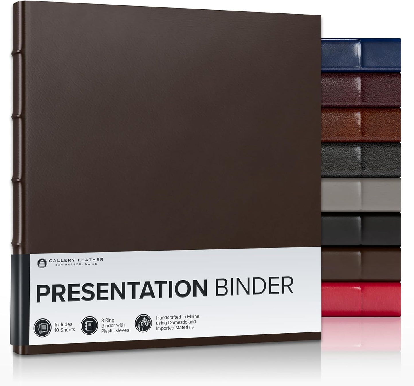 Gallery Leather 3 Ring Binder with Plastic Sleeves, Includes 10 Sheets, Sheet Size: 8.5" x 11" - Presentation Binder Rings with Hubbed Spine, Thick: 1.25" Freeport Mocha
