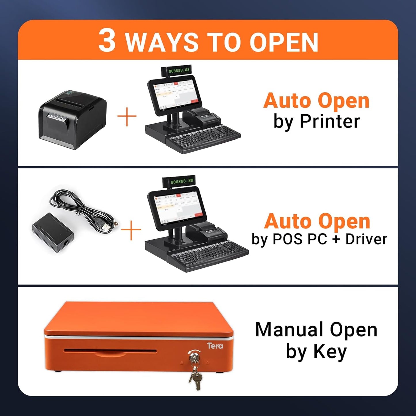 Tera 16 inch Cash Drawer: with Micro Switch Auto Open Heavy Duty Insert Tray 5 Bill 8 Coin for POS System Removable Cash Tray Media Slot 24V RJ12 Key-Lock (Round Corner) for Retail 405R Orange