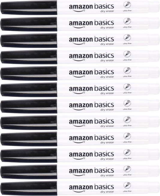Amazon Basics Low Odor Ultra Fine Tip Dry Erase White Board Markers, Black, 12-Pack