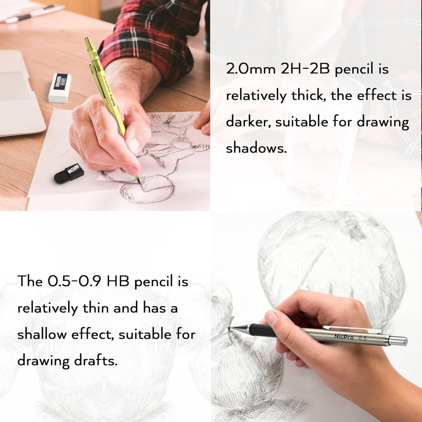 Nicpro 35PCS Gold Art Mechanical Pencils Set, 3 PCS Metal Drafting Pencil 0.5 mm & 0.7 mm & 0.9 mm & 3 PCS 2mm Lead Holder (6B 4B 2B HB 2H 4H Colors) For Sketching Drawing