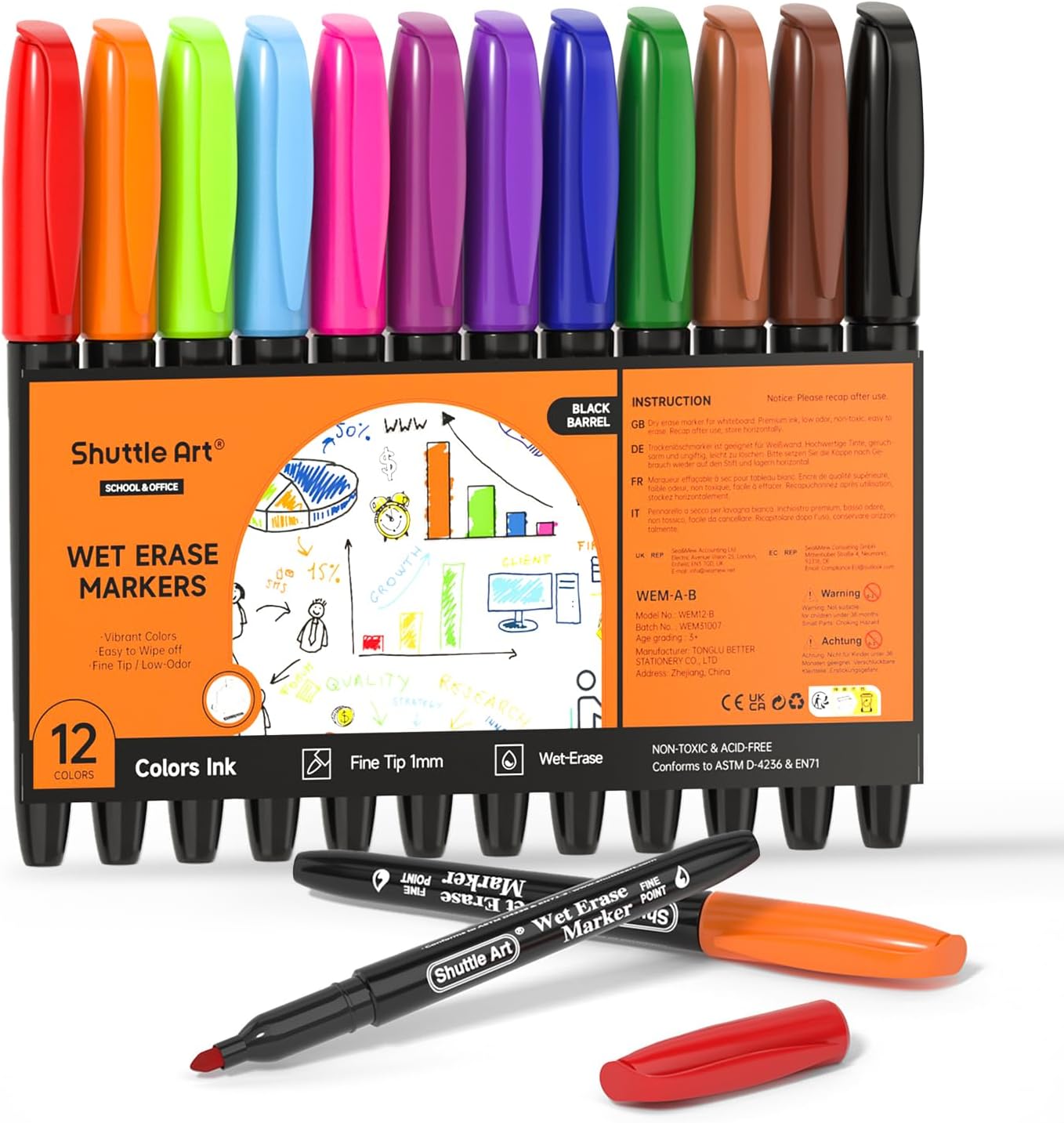 Shuttle Art Wet Erase Markers, 12 Colors 1mm Fine Tip Smudge-Free Markers, Use on Laminated Calendars,Overhead Projectors,Schedules,Whiteboards,Transparencies,Glass,Wipe with Water