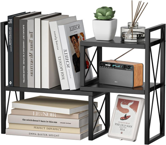 Desktop Shelf Organizer,Small Bookshelf for Office,Wood Desk Top Shelves, Office Organization and Storage (Black)