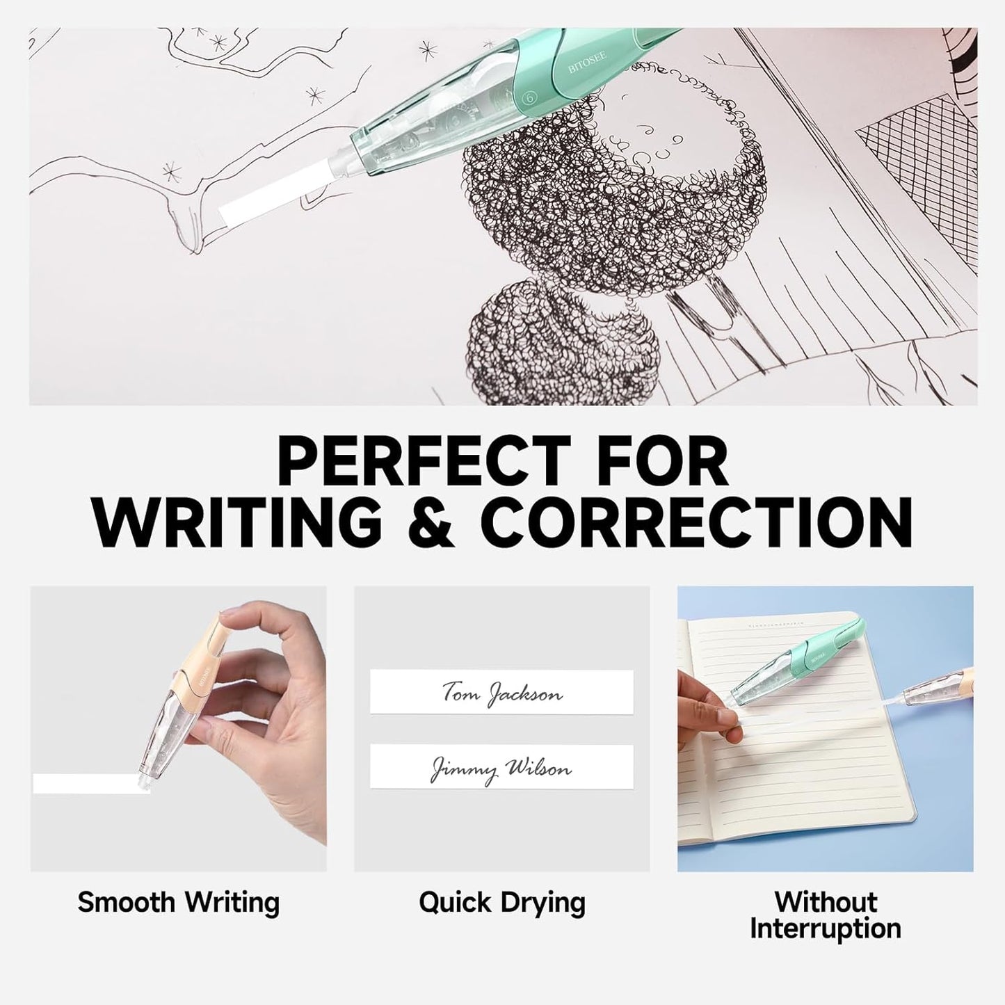 White Correction Tape, Retractable Refillable Correction Tape, With Smooth Pull Out Tape Applicator, Aesthetic Cute Correction Pen for Office Supplies