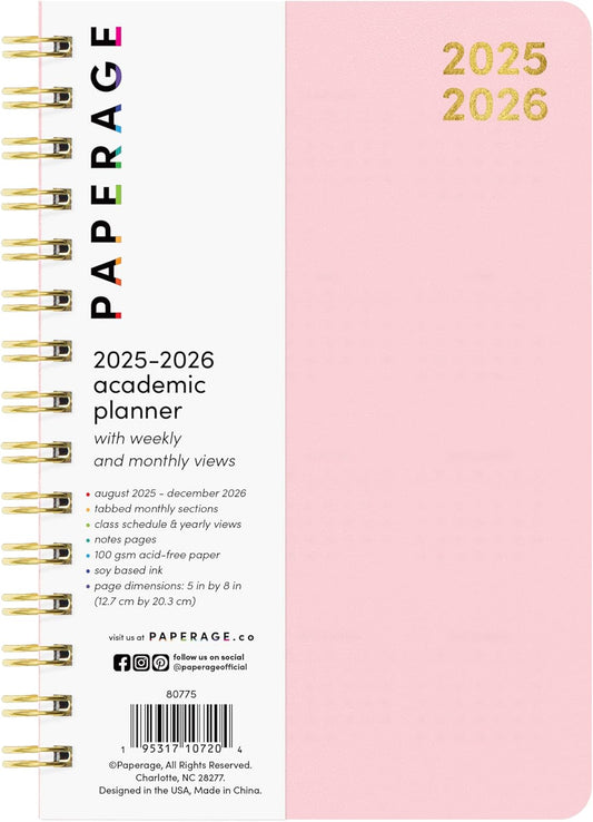 PAPERAGE 17 Month Academic Planner 2025-2026, Weekly & Monthly Spreads, August 2025 - December 2026, Small (5 in x 8 in), Blush