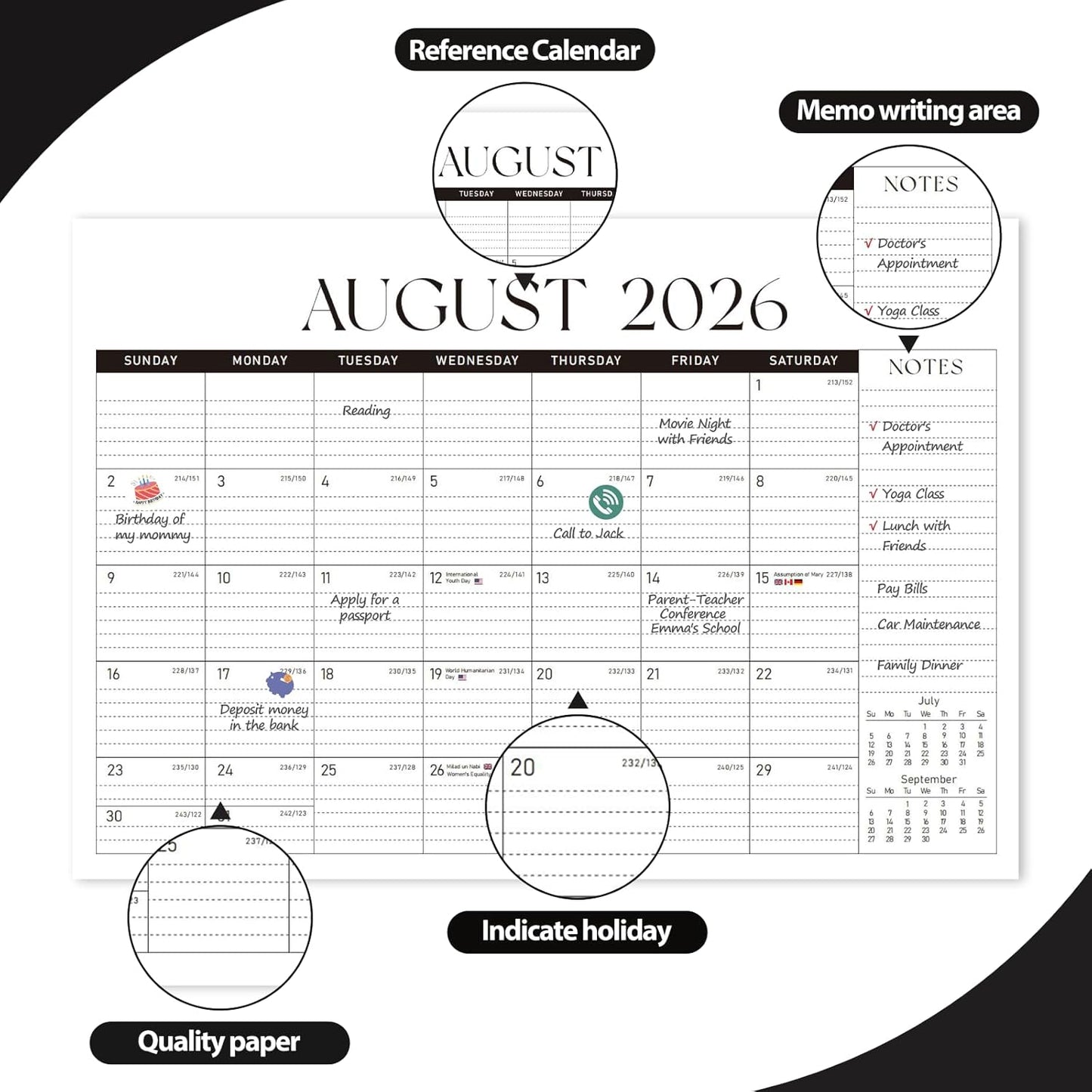 Desk Calendar 2025-2026, Monthly Desktop Large Calendar (July 2025-December 2026) Desk Wall Planner for Family Office Teacher School, 17" x 12" Black-White
