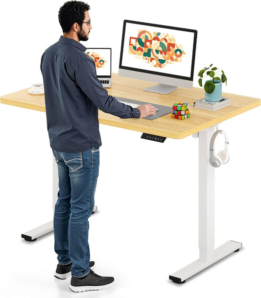 SANODESK Electric Standing Desk 48 x 30 Inches Whole-Piece Desktop Height Adjustable Stand Up Desk w/6-Button Controller Ergonomic Computer Desk for Home Office, White Frame + Natural Tabletop