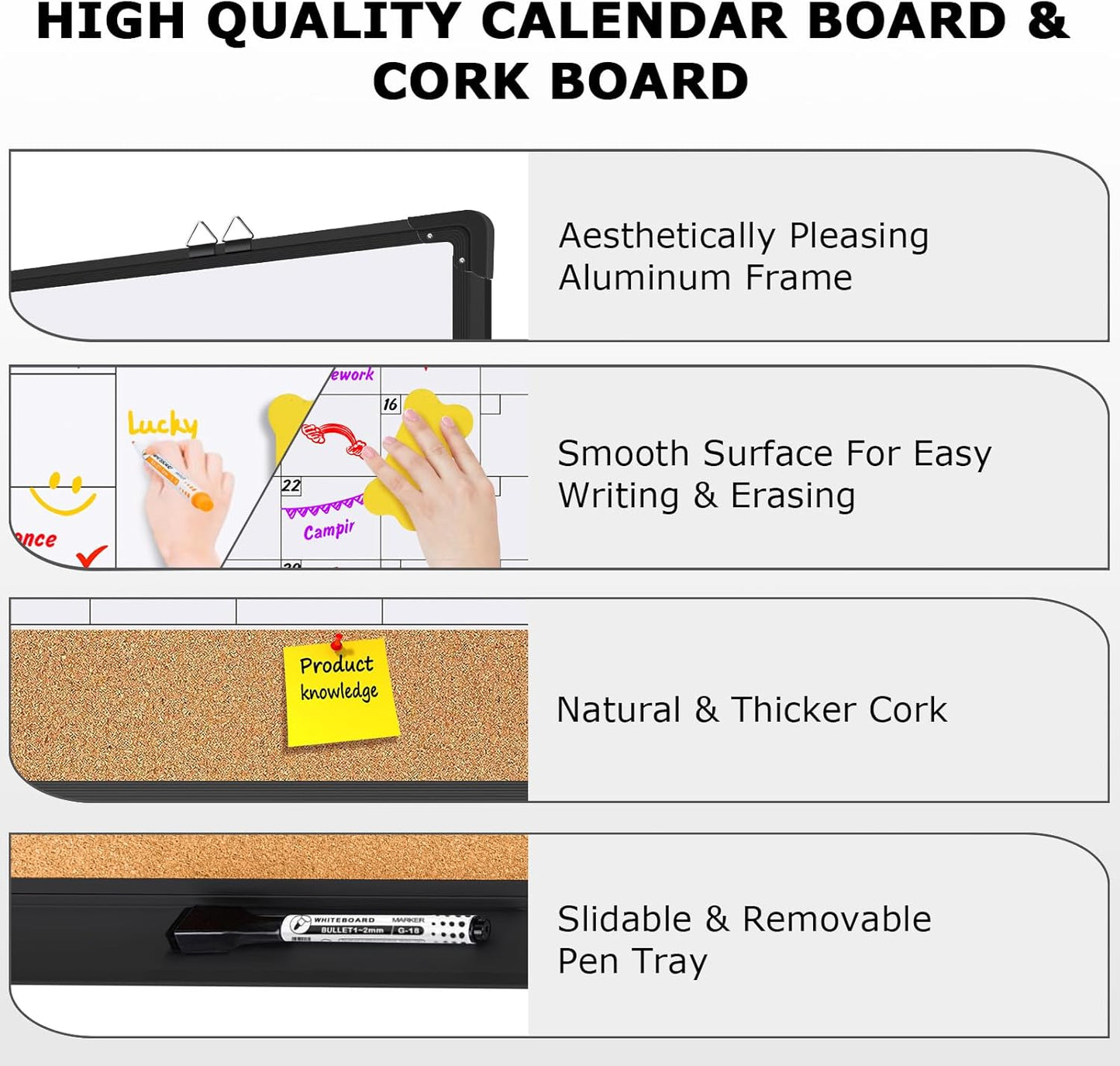 EAONE 36x24 in Double Side Whiteboard Calendar & Cork Board Combo for Wall, 3 in 1 Magnetic Dry Erase Whiteboard Monthly Calendar and Bulletin Board with Aluminum Frame for Home Office Kitchen