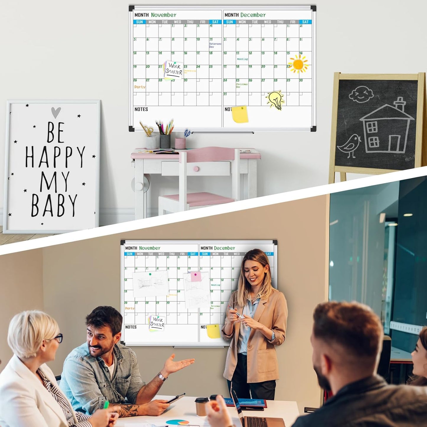 XBoard Magnetic Calendar Whiteboard 48" x 36" - 2 Month Dry Erase Board, White Board + Colorful Calendar Board, Silver Aluminium Framed Monthly Planning Board