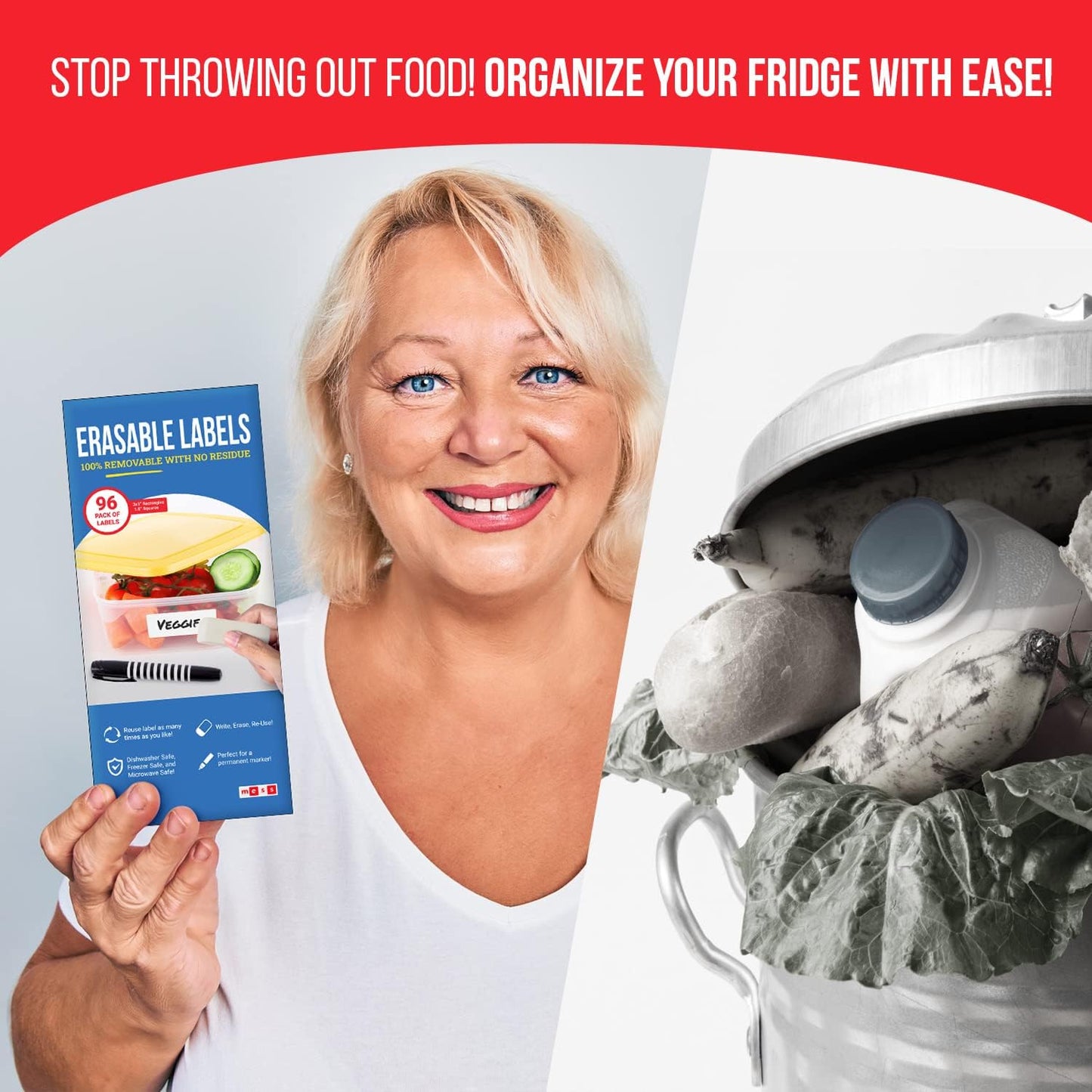 MESS Erasable Kitchen Labels, 96-Pack (1x3 & 1.5") – White Dry Erase Stickers for Pantry, Jars, Food Containers, Fridge & Freezer