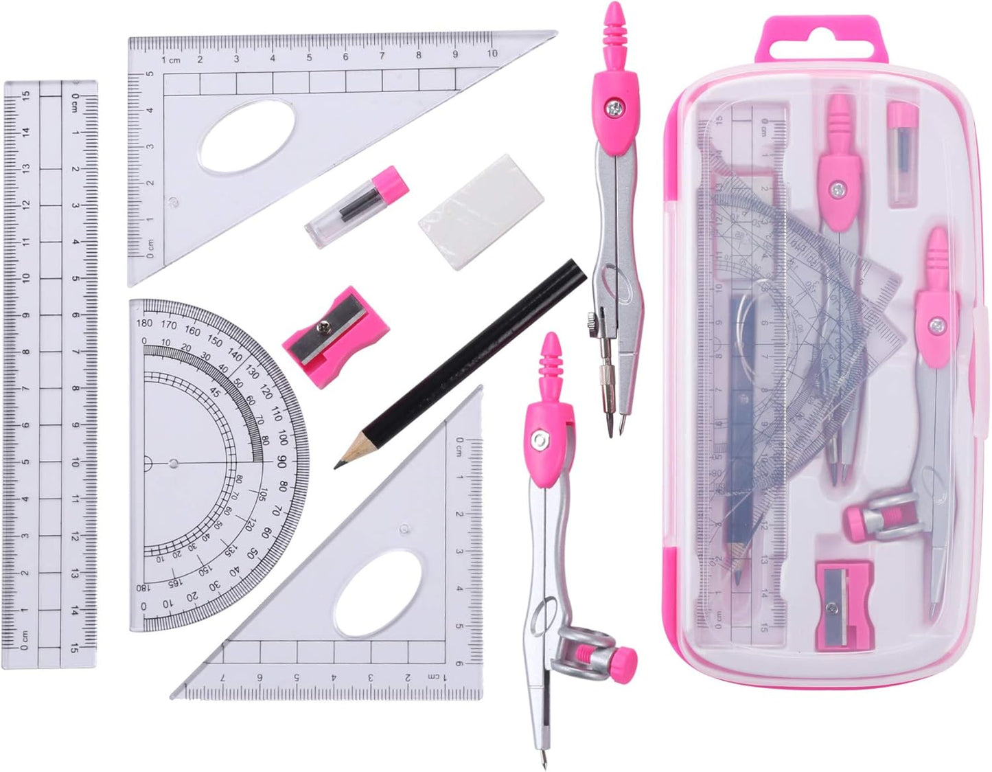 Math Geometry Kit Sets 10 Piece Student Supplies with Shatterproof Storage Box,Includes Rulers,Protractor,Compass,Eraser,Pencil Sharpener,Lead Refills,Pencil,for Drafting(Pink）