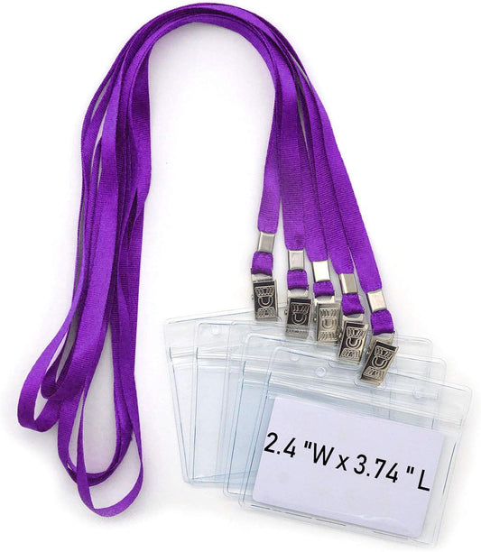 Bird Fiy Lanyards with id Holder Name Badges 50 Pcs Waterproof Type Clear Plastic Horizontal Name Tag Badge Id Card and 50 Pcs Lanyard (Purple)